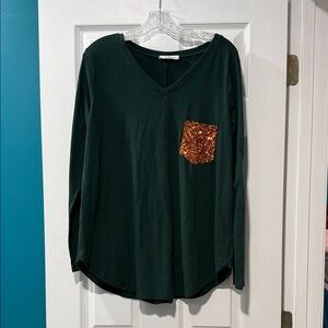 Zenana Outfitters Dark Green Long Sleeve Tee with Sequin Pocket